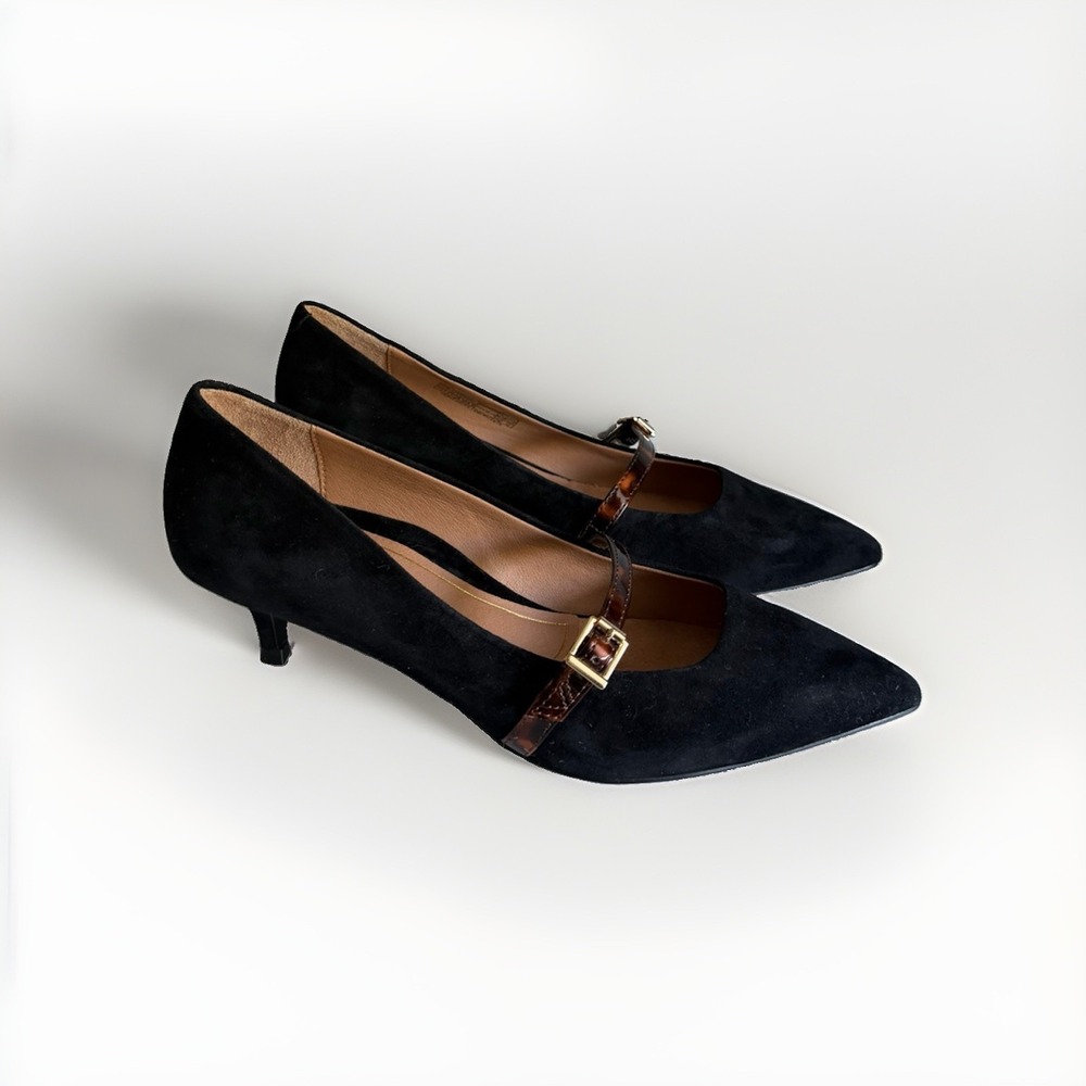 Vionic Minnie Mary Jane pumps women US 7.5 black suede pointed toe kitten heel